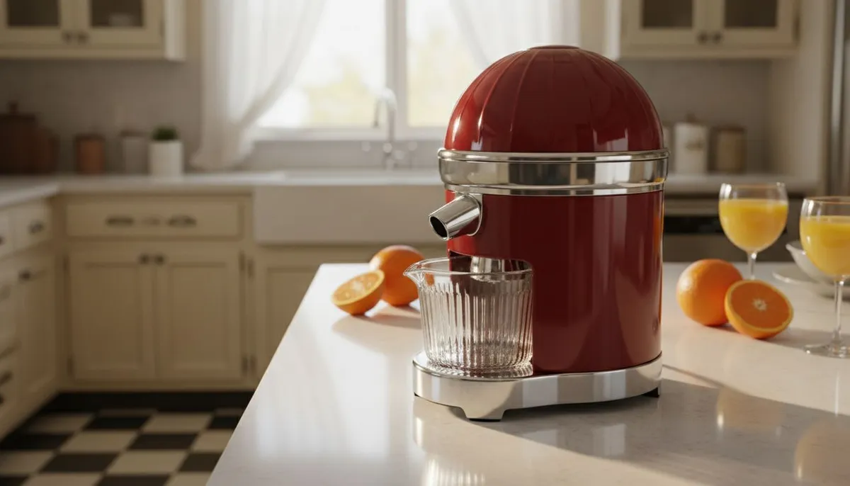 Presse agrume KitchenAid rouge retro sur comptoir de cuisine americaine
