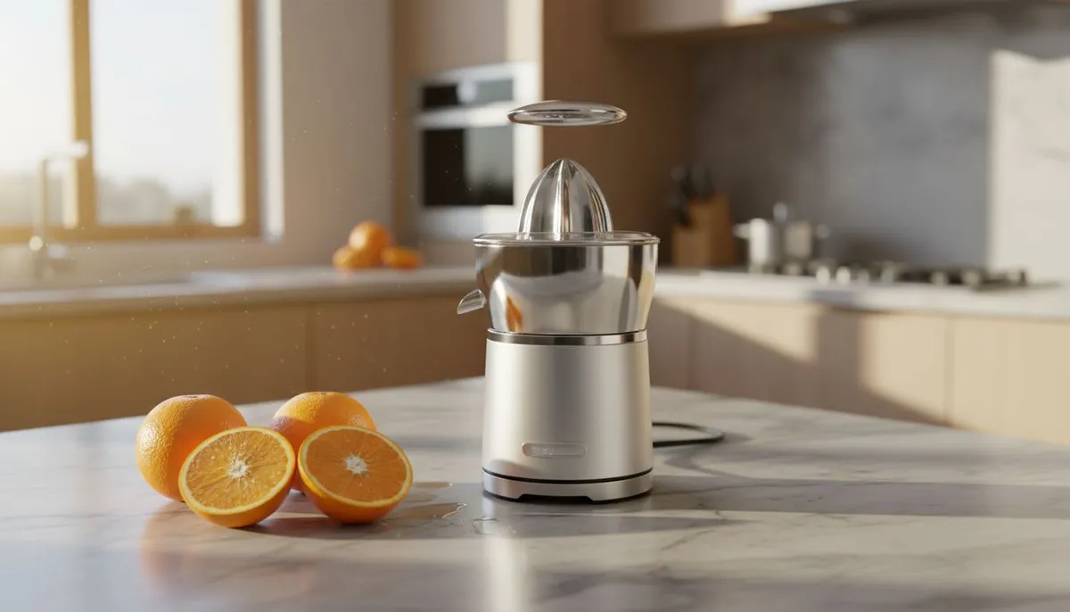 Presse agrume electrique Moulinex sur plan de travail cuisine avec oranges fraiches
