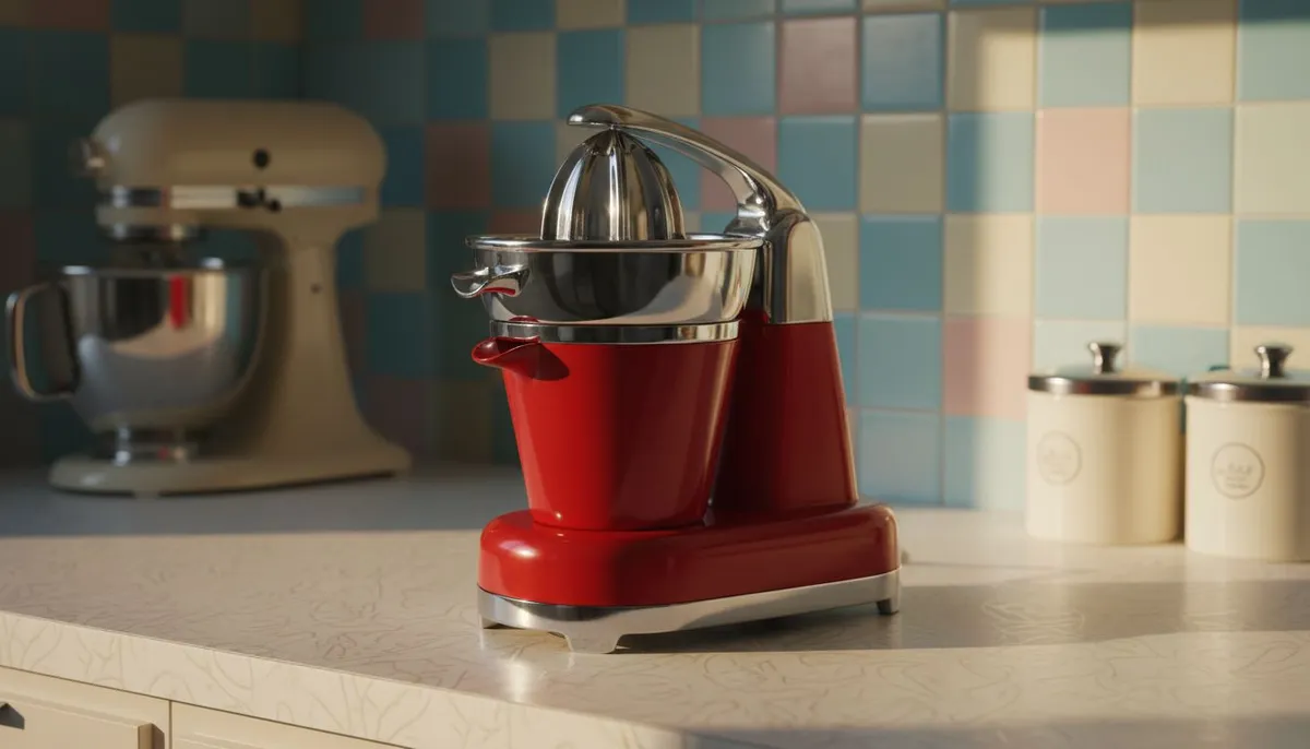 Presse agrume electrique Smeg retro annees 50 en rouge sur cuisine vintage