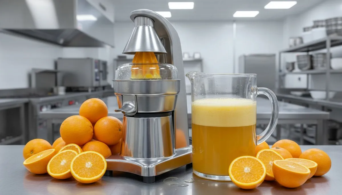 Grand presse agrume professionnel avec pichet 1.5L et oranges en quantite