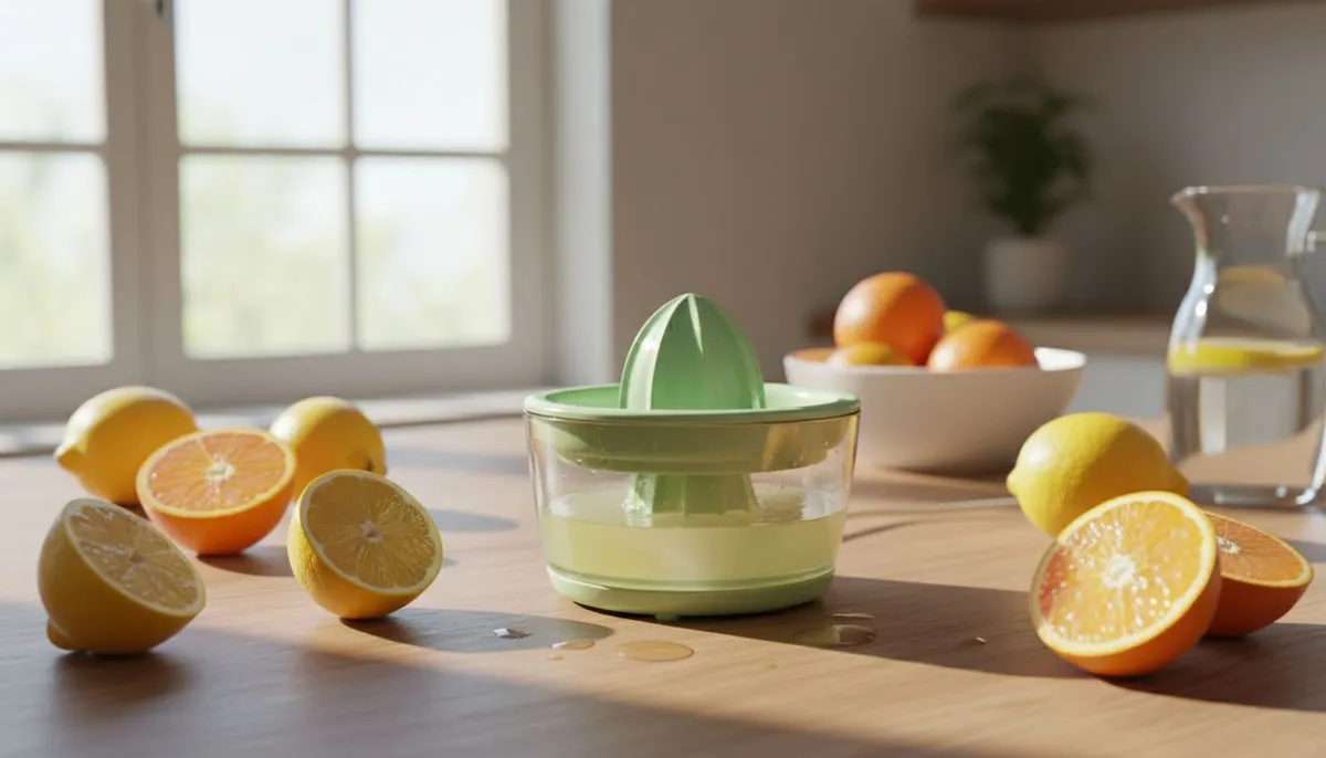 Presse agrume economique compact avec citrons et oranges sur table