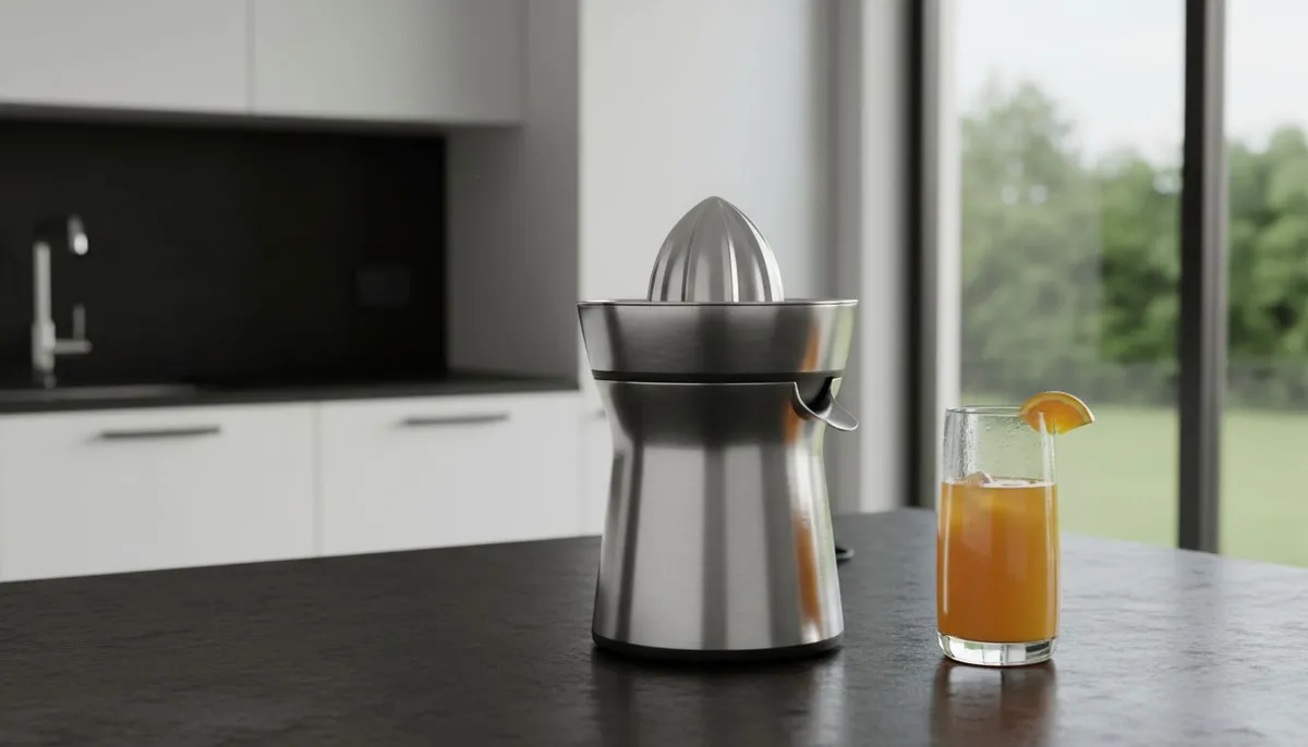 Presse agrume en inox brosse avec jus d'orange sur plan de travail en granite