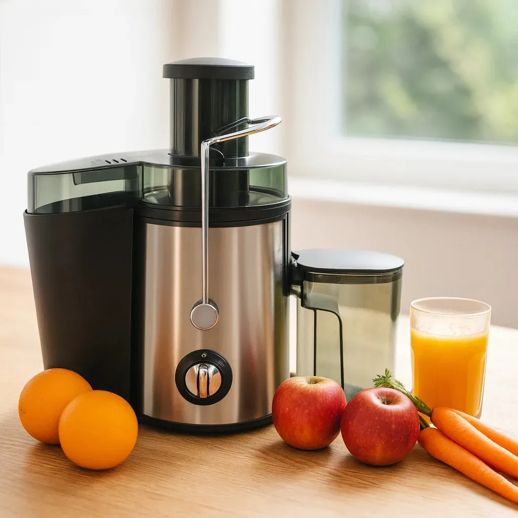 Centrifugeuse Inox 800 W Grande Ouverture sur un plan de travail de cuisine avec des fruits frais et un verre de jus
