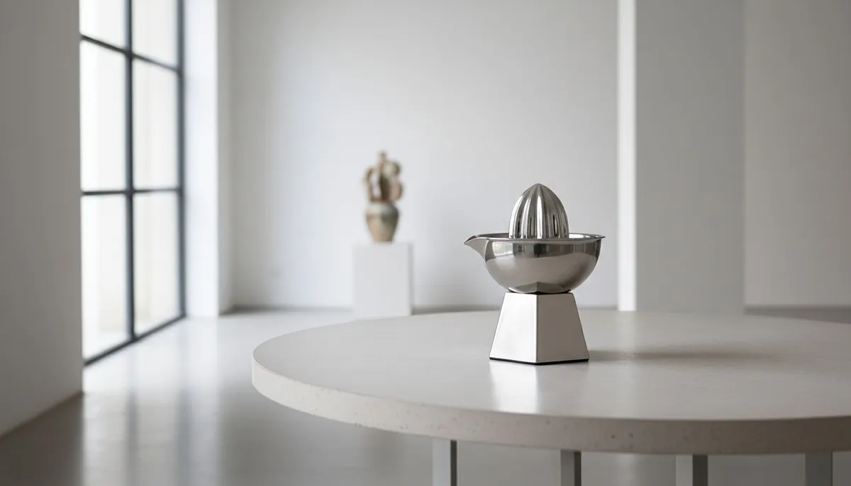 Presse agrume Alessi design italien en inox brosse sur table contemporaine