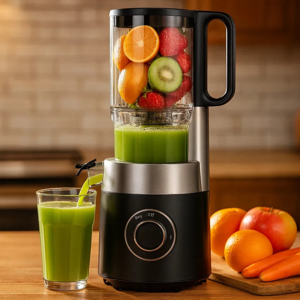 Extracteur de Jus Compact à Pression Froide en gros plan avec un verre de jus fraîchement pressé