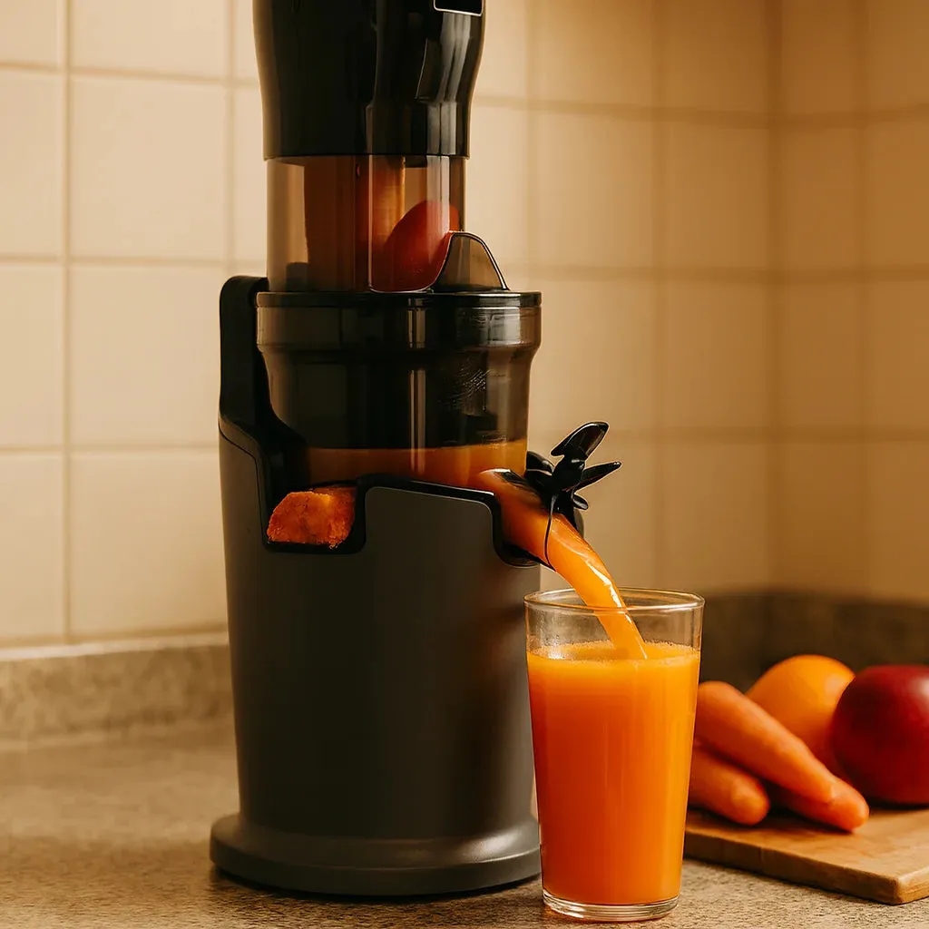 Extracteur de Jus Vertical Fruits Entiers 78 mm en gros plan avec un verre de jus fraîchement pressé