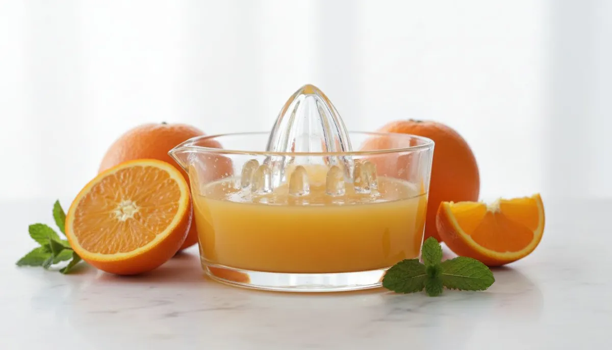 Presse agrume en verre transparent avec jus d'orange frais visible