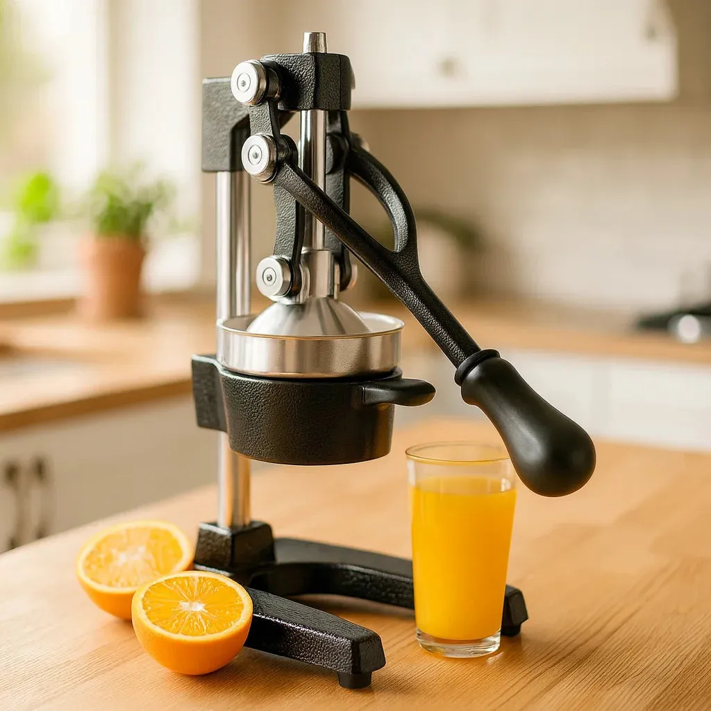 Presse Agrume à Levier Professionnel sur un plan de travail de cuisine avec des fruits frais et un verre de jus