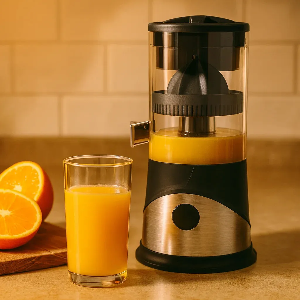 Presse Agrume Automatique Électrique Premium en gros plan avec un verre de jus fraîchement pressé