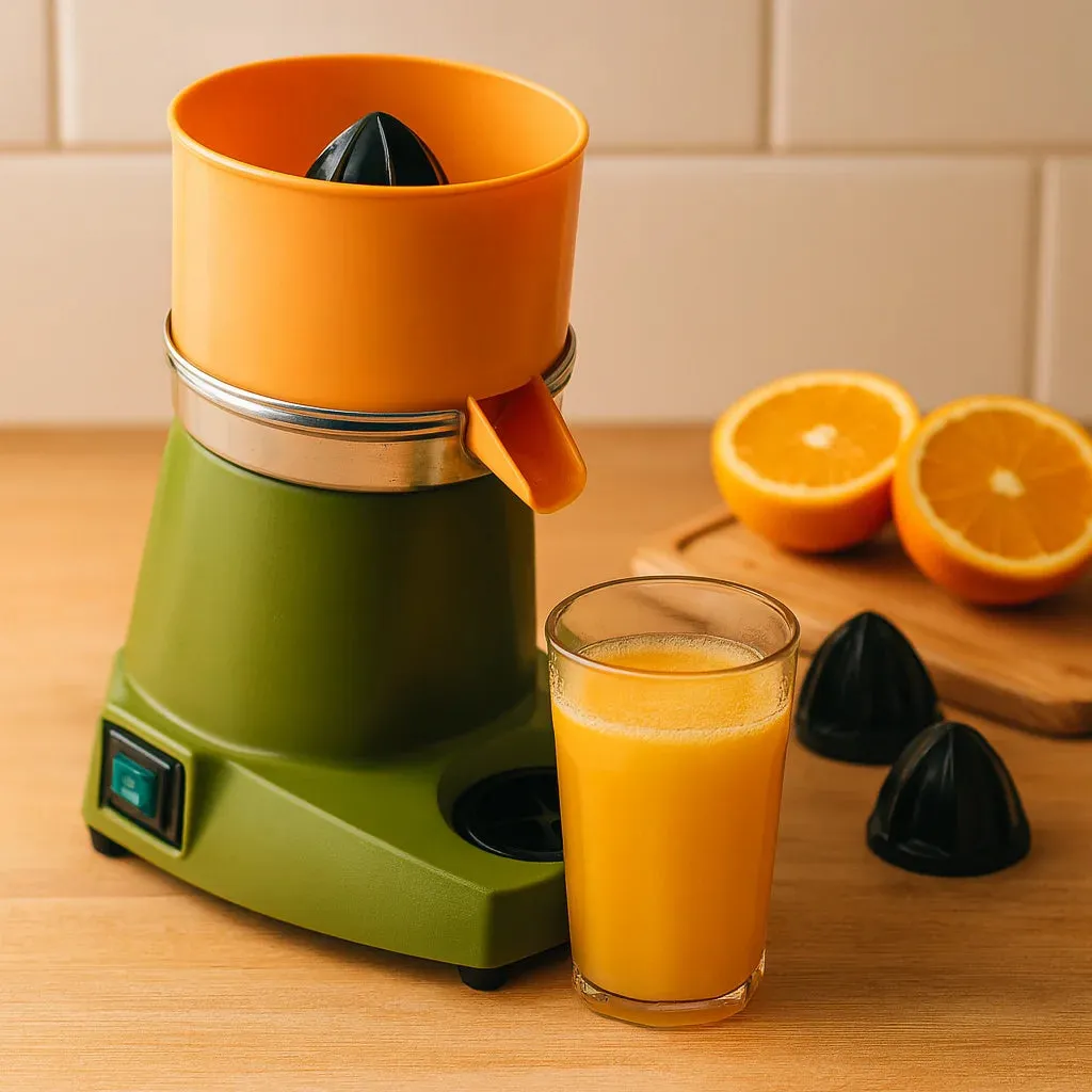 Presse Agrume Automatique Professionnel Compact en gros plan avec un verre de jus fraîchement pressé