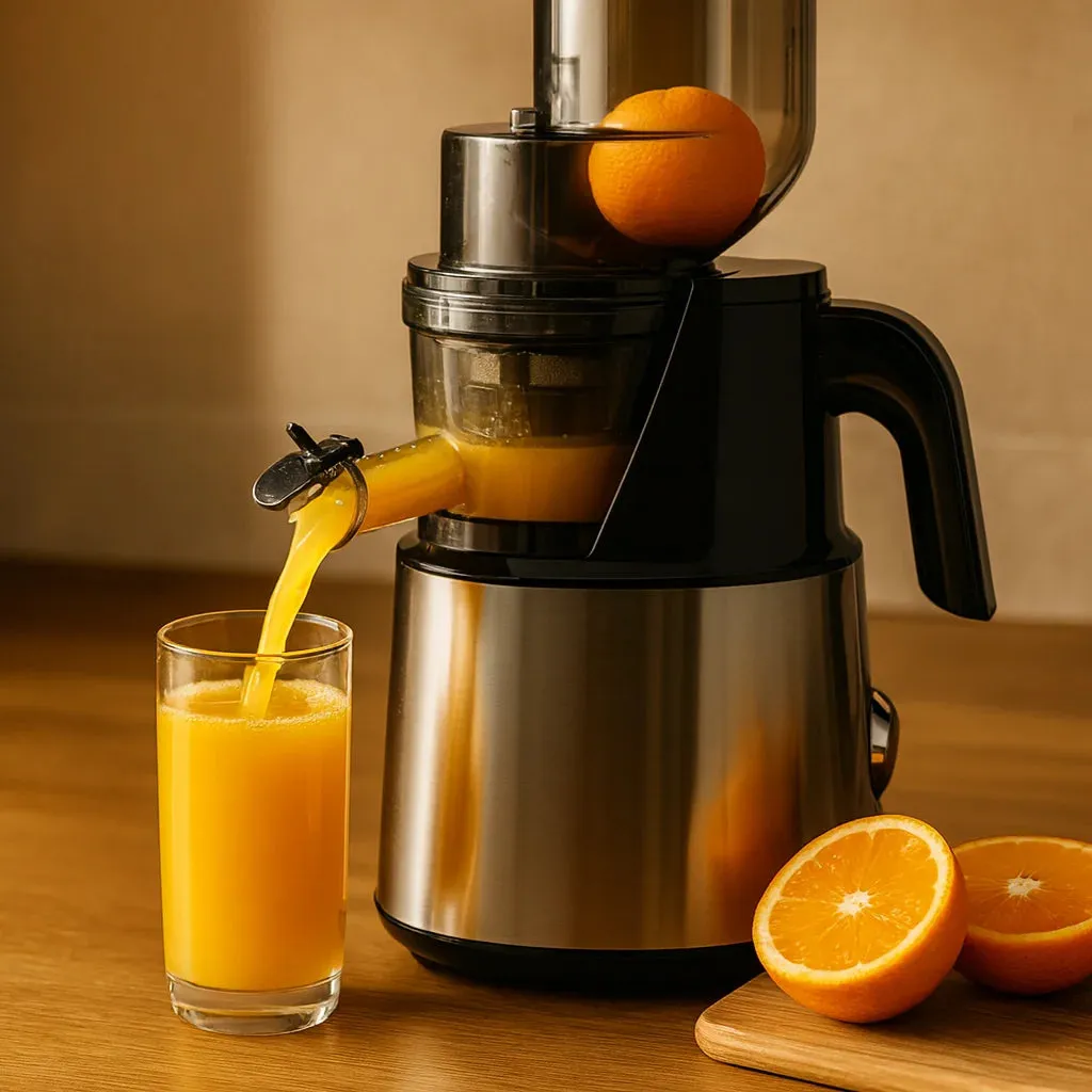 Presse Agrume Électrique pour Fruits en gros plan avec un verre de jus fraîchement pressé