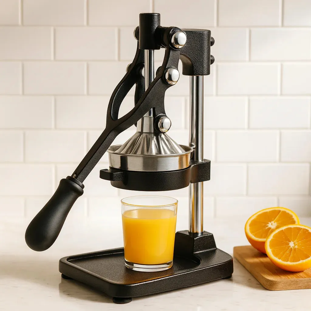 Presse Agrume à Levier en Fonte Noir en gros plan avec un verre de jus fraîchement pressé