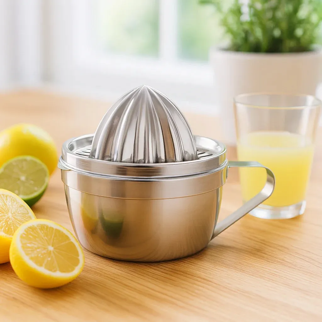 Presse Agrume Manuel Inox Compact sur un plan de travail de cuisine avec des fruits frais et un verre de jus