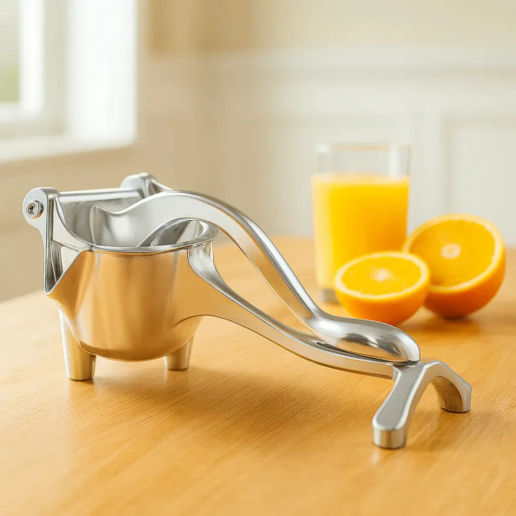Presse Agrume Manuel Premium sur un plan de travail de cuisine avec des fruits frais et un verre de jus