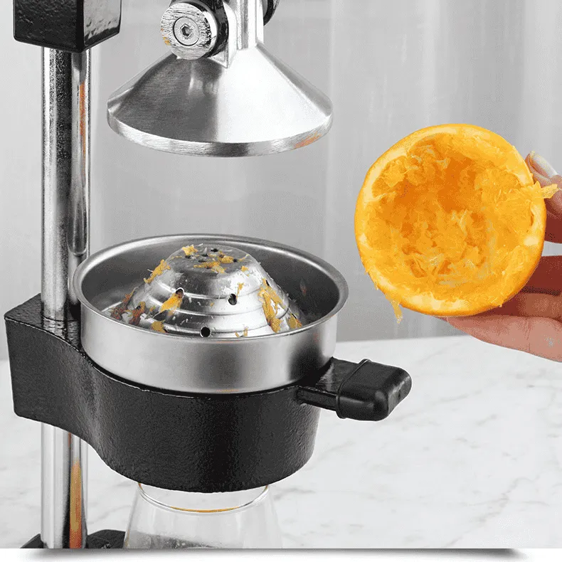 Presse agrume à levier professionnel en acier pour extraction de jus d’orange.