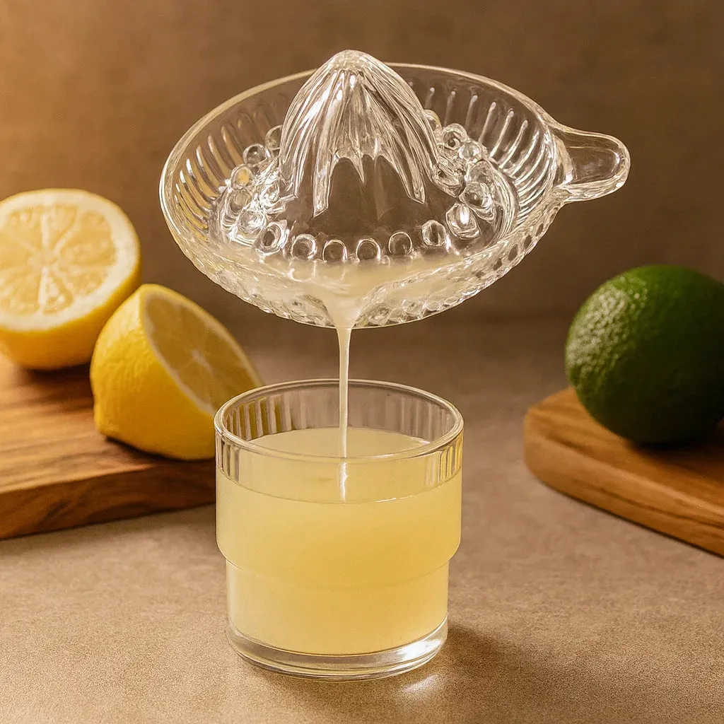 Presse Citron en Verre avec Anse en gros plan avec un verre de jus fraîchement pressé