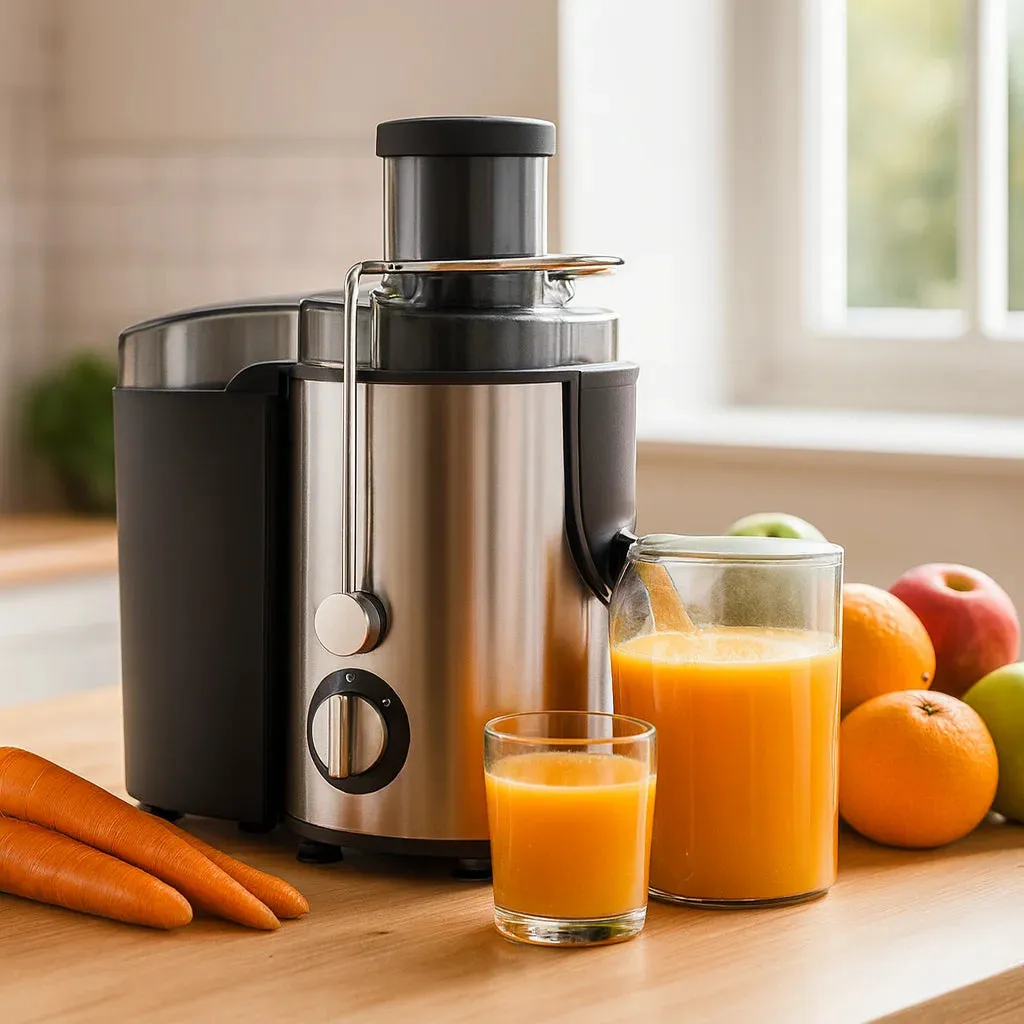 Presse Fruits Centrifuge Électrique Haute Puissance sur un plan de travail de cuisine avec des fruits frais et un verre de jus