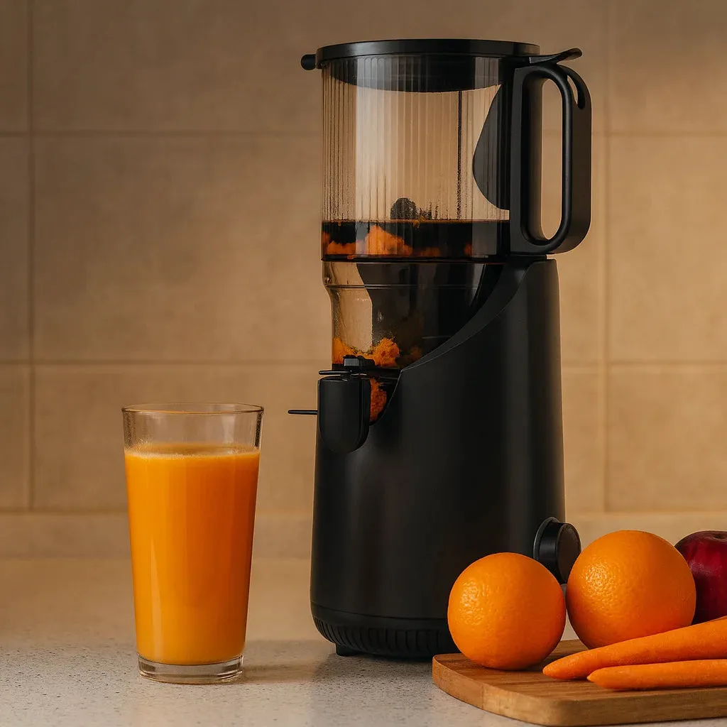 Presse Fruits Électrique Vertical Premium en gros plan avec un verre de jus fraîchement pressé